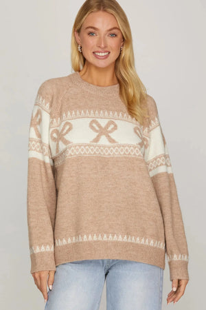 SHE AND SKY Women's Sweaters Long Sleeve Bow Patterned Sweater Top || David's Clothing