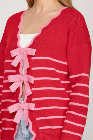SHE AND SKY Women's Sweaters Long Sleeve Striped Bow Detail Reversible Sweater Cardigan