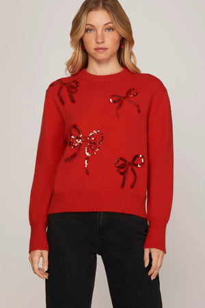 SHE AND SKY Women's Sweaters RED / S Long Sleeve Sequin Ribbon Sweater Top SY8012