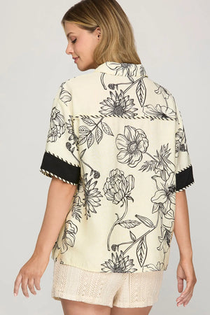 SHE AND SKY Women's Top Half Sleeve Button Down Woven Print Shirt Top With Contrast Detail
