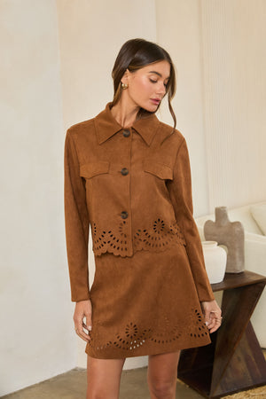 SKIES ARE BLUE Women's Jackets Faux Suede Eyelet Cutout Button Jacket