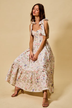 SO ME Women's Dresses Floral Cotton Ruched Bodice Tie Lined Midi Dress