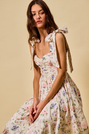 SO ME Women's Dresses Floral Cotton Ruched Bodice Tie Lined Midi Dress