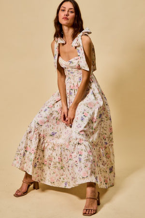 SO ME Women's Dresses Floral Cotton Ruched Bodice Tie Lined Midi Dress