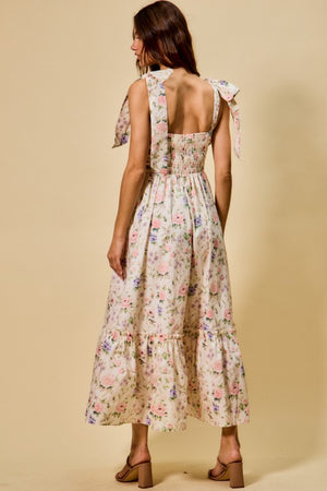 SO ME Women's Dresses Floral Cotton Ruched Bodice Tie Lined Midi Dress