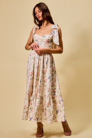 SO ME Women's Dresses Floral Cotton Ruched Bodice Tie Lined Midi Dress