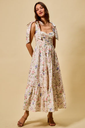 SO ME Women's Dresses Floral Cotton Ruched Bodice Tie Lined Midi Dress