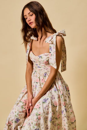 SO ME Women's Dresses Floral Cotton Ruched Bodice Tie Lined Midi Dress