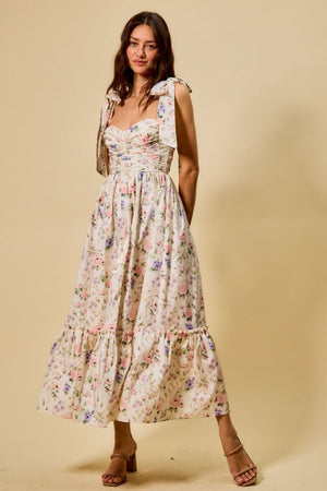 SO ME Women's Dresses Floral Cotton Ruched Bodice Tie Lined Midi Dress