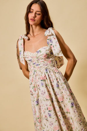 SO ME Women's Dresses Floral Cotton Ruched Bodice Tie Lined Midi Dress