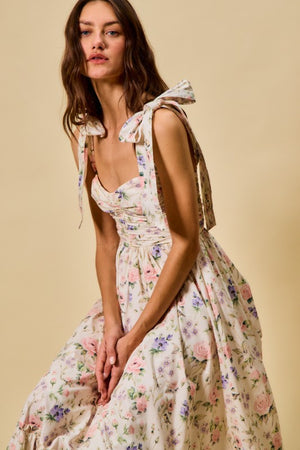 SO ME Women's Dresses Floral Cotton Ruched Bodice Tie Lined Midi Dress