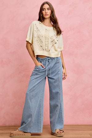 SO ME Women's Jeans Denim Seamed Elastic Waist Wide Leg Jeans Pants