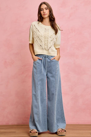 SO ME Women's Jeans Denim Seamed Elastic Waist Wide Leg Jeans Pants