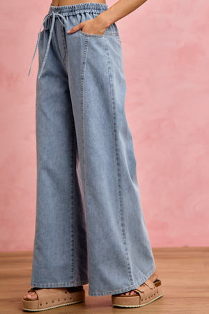 SO ME Women's Jeans Denim Seamed Elastic Waist Wide Leg Jeans Pants