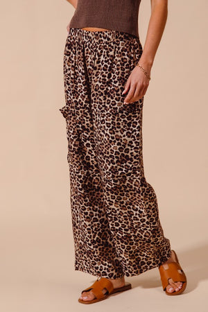 SO ME Women's Pants Leopard Print Wide Leg Pants With Big Patch Pocket
