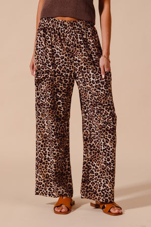 SO ME Women's Pants Leopard Print Wide Leg Pants With Big Patch Pocket