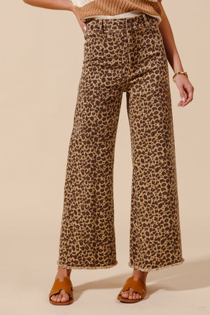 SO ME Women's Pants So Me Mid Rise Leopard Twill Denim Frayed Hem Wide Leg