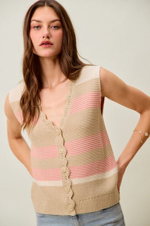 SO ME Women's Sweaters Multi Color Stripe Sweater Vest With Scallop Edge