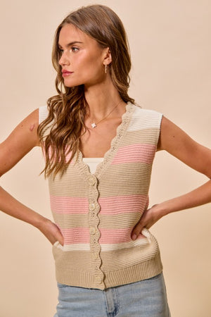 SO ME Women's Sweaters Multi Color Stripe Sweater Vest With Scallop Edge