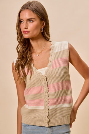 SO ME Women's Sweaters Multi Color Stripe Sweater Vest With Scallop Edge