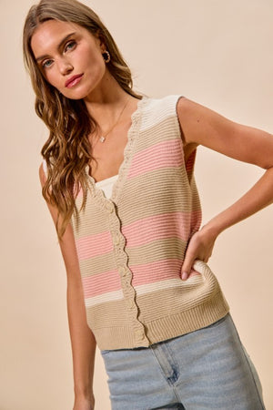 SO ME Women's Sweaters Multi Color Stripe Sweater Vest With Scallop Edge