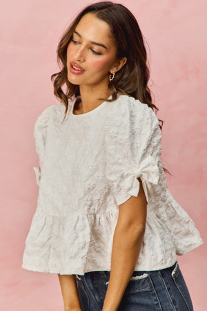 SO ME Women's Top Floral Jacquard Short Sleeves Peplum Top with Ribbon Detail