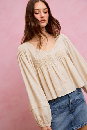 SO ME Women's Top Linen Blend Woven Long Sleeve With Smocking Top