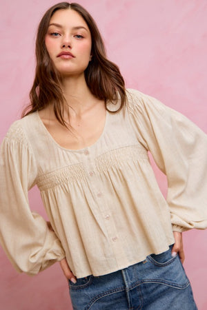 SO ME Women's Top Linen Blend Woven Long Sleeve With Smocking Top