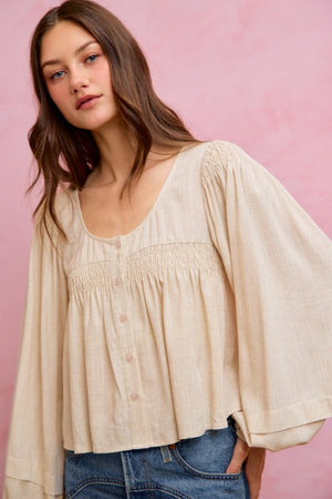 SO ME Women's Top Linen Blend Woven Long Sleeve With Smocking Top