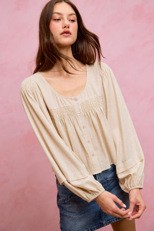 SO ME Women's Top Linen Blend Woven Long Sleeve With Smocking Top