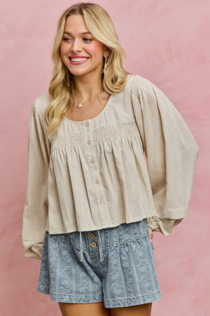 SO ME Women's Top Linen Blend Woven Long Sleeve With Smocking Top