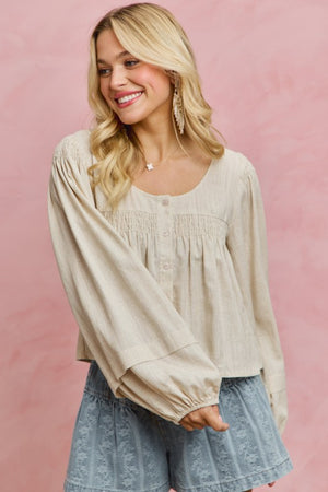 SO ME Women's Top Linen Blend Woven Long Sleeve With Smocking Top