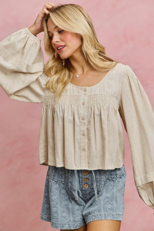 SO ME Women's Top Linen Blend Woven Long Sleeve With Smocking Top