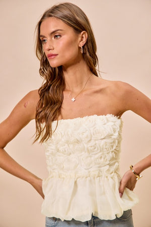 SO ME Women's Top Rosette 3D Bubble Hem Tune Top