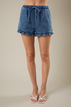 SUNDAY EDITION Women's Shorts Mid Rise Ruffle Hem Stretchy Denim Shorts
