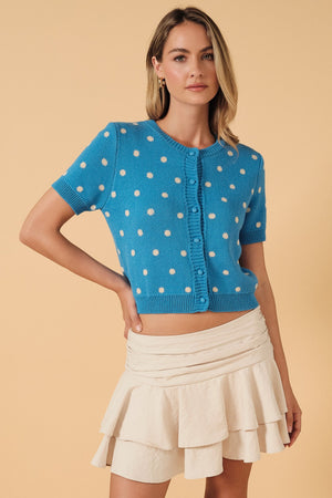SUNDAY EDITION Women's Sweater BLUE / S Round Neck Button Down Polka Dot Sweater Cardigan GWJ1311