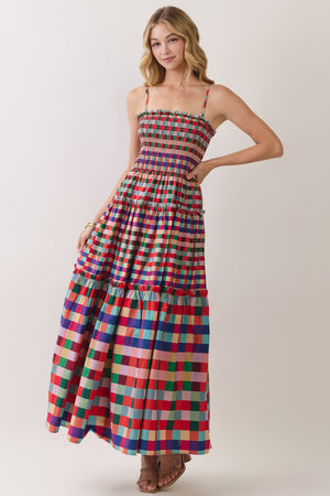 TCEC Women's Dresses Smocked Bodice Plaid Tiered Maxi Dress