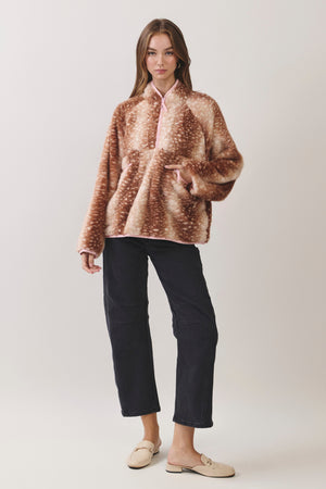 TCEC Women's Jackets Deer Print Faux Fur Half-zip Jacket