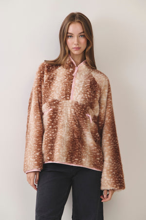 TCEC Women's Jackets Deer Print Faux Fur Half-zip Jacket