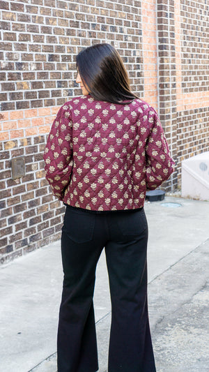 THML Women Jackets Velvet Bow Floral Quilted Jacket