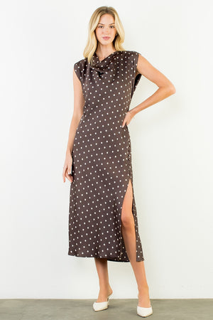 THML Women's Dresses Cowl Neck Polka Dot Slit Dress