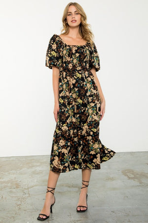 THML Women's Dresses Puff Sleeve Smocked Floral Dress