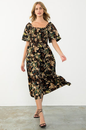 THML Women's Dresses Puff Sleeve Smocked Floral Dress
