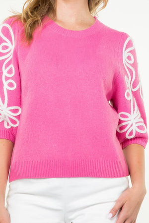 THML Women's Sweaters Short Sleeve Embroidered Detail Knit Top || David's Clothing