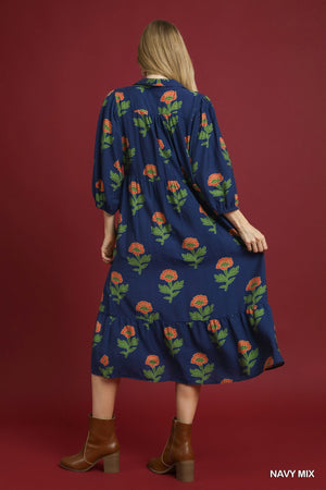 UMGEE USA Women's Dresses Floral Print Maxi Dress with Bubble Sleeves