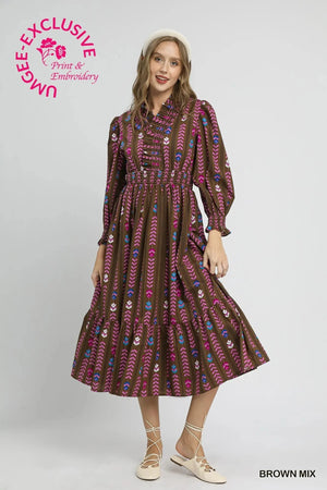 UMGEE USA Women's Dresses Striped Floral Print Midi Dress with Ruffle Collar