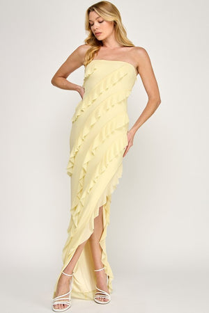 VINTAGE STORE Women's Dresses Tube Mesh Frilled Slit Side Dress