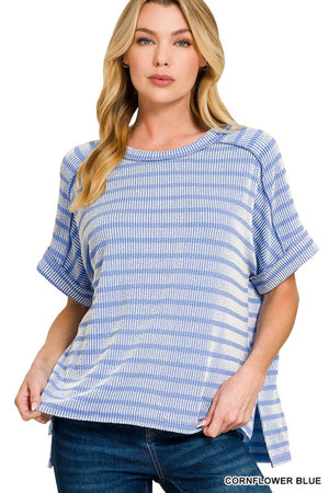ZENANA Women's Top CORN BLUE / S Raised Rib Striped Exposed Seam Top RTL-8627A5