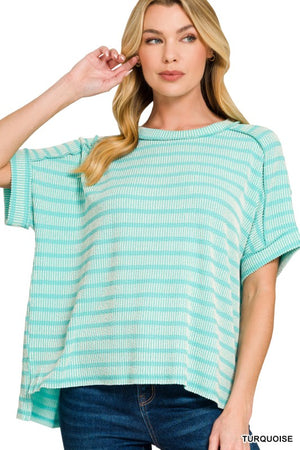 ZENANA Women's Top TURQUOIS / S Raised Rib Striped Exposed Seam Top RTL-8627A5
