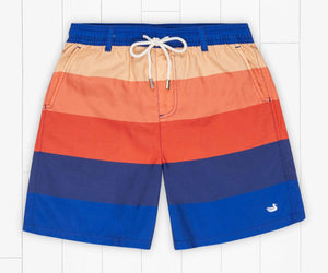 SOUTHERN MARSH COLLECTION Boy's Shorts NAVY ORANGE / YS Southern Marsh Youth Harbor Trunk - Horizon Stripe || David's Clothing YSHHSNVOR